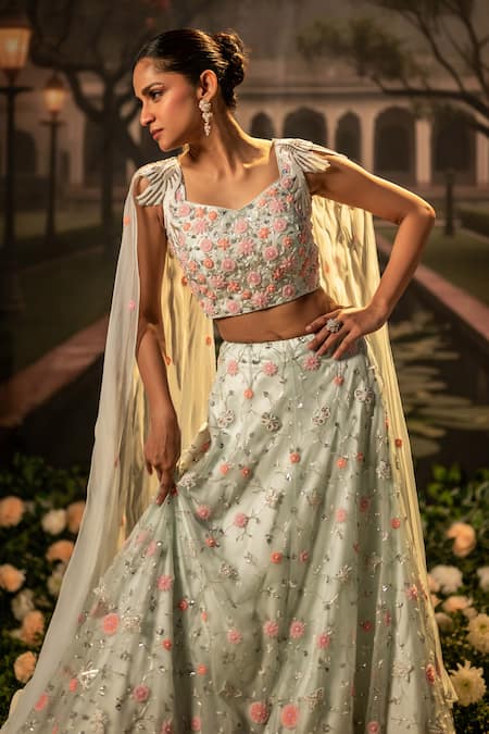 Buy_Bandhani_Blue Organza Beads, Embroidery V-neck Floral Lehenga Set _Online_at_Aza_Fashions