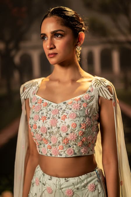 Shop_Bandhani_Blue Organza Beads, Embroidery V-neck Floral Lehenga Set _Online_at_Aza_Fashions