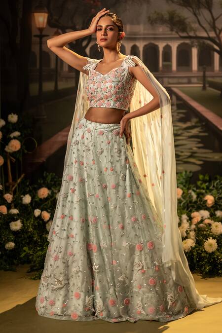 Bandhani_Blue Organza Beads, Embroidery V-neck Floral Lehenga Set _at_Aza_Fashions