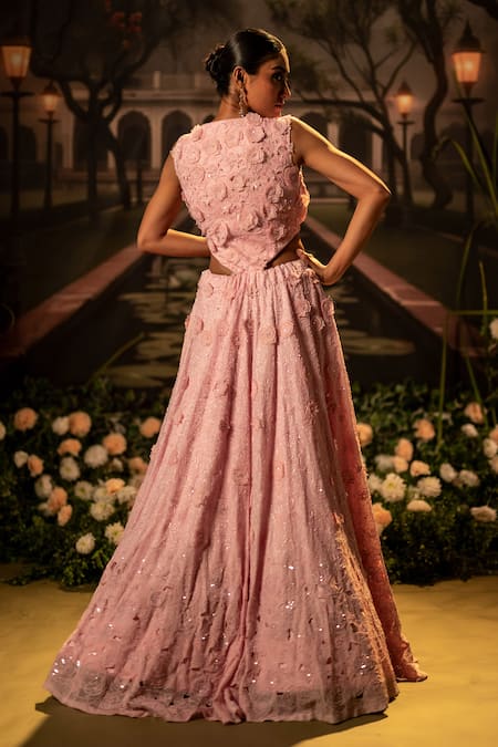 Shop_Bandhani_Pink Organza Embroidery High Neck Floral Applique Bead Gown _at_Aza_Fashions