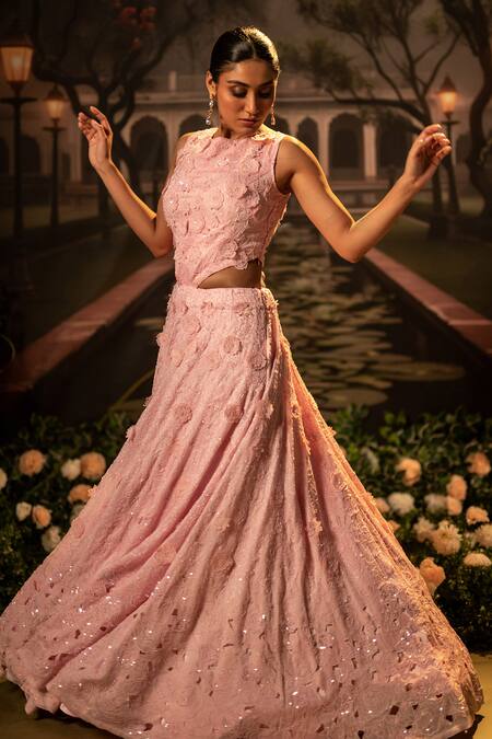 Bandhani_Pink Organza Embroidery High Neck Floral Applique Bead Gown _Online_at_Aza_Fashions