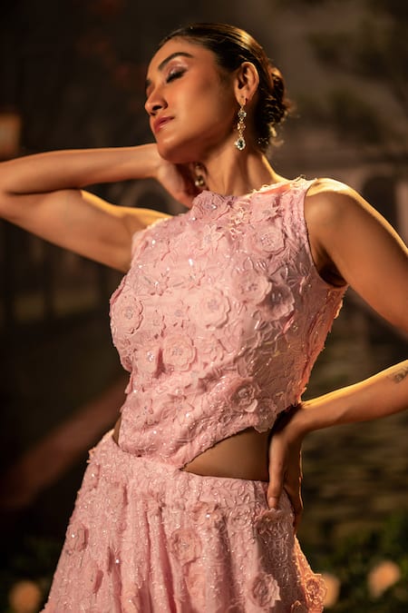 Buy_Bandhani_Pink Organza Embroidery High Neck Floral Applique Bead Gown _Online_at_Aza_Fashions