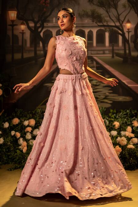 Shop_Bandhani_Pink Organza Embroidery High Neck Floral Applique Bead Gown _Online_at_Aza_Fashions