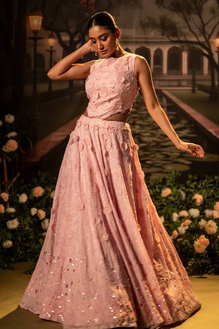 Bandhani_Pink Organza Embroidery High Neck Floral Applique Bead Gown _at_Aza_Fashions