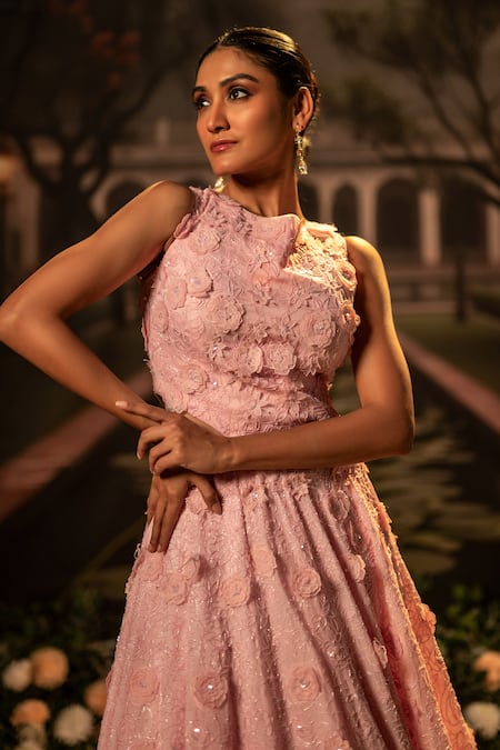Buy_Bandhani_Pink Organza Embroidery High Neck Floral Applique Bead Gown 
