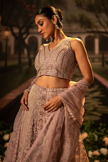 Bandhani Pink Organza Beads, Sequins V-neck Floral And Geometric Embroidered Lehenga Set Online at Aza Fashions Bandhani_Pink Organza Beads, Sequins V-neck Floral And Geometric Embroidered Lehenga Set _Online_at_Aza_Fashions