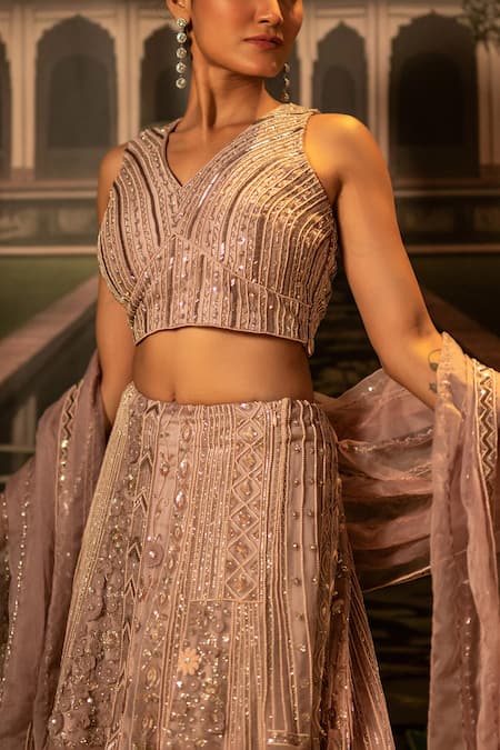 Buy Bandhani Pink Organza Beads, Sequins V-neck Floral And Geometric Embroidered Lehenga Set Online at Aza Fashions Buy_Bandhani_Pink Organza Beads, Sequins V-neck Floral And Geometric Embroidered Lehenga Set _Online_at_Aza_Fashions