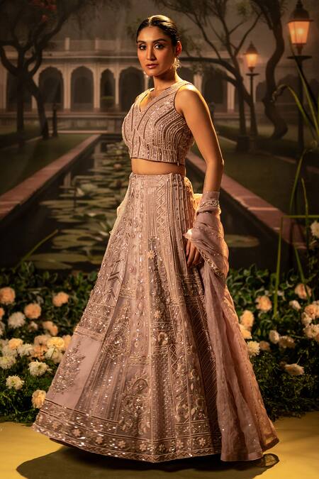 Shop Bandhani Pink Organza Beads, Sequins V-neck Floral And Geometric Embroidered Lehenga Set Online at Aza Fashions Shop_Bandhani_Pink Organza Beads, Sequins V-neck Floral And Geometric Embroidered Lehenga Set _Online_at_Aza_Fashions