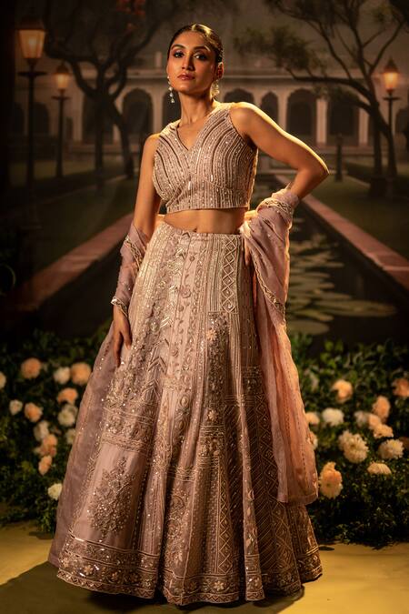 Bandhani Pink Organza Beads, Sequins V-neck Floral And Geometric Embroidered Lehenga Set at Aza Fashions Bandhani_Pink Organza Beads, Sequins V-neck Floral And Geometric Embroidered Lehenga Set _at_Aza_Fashions