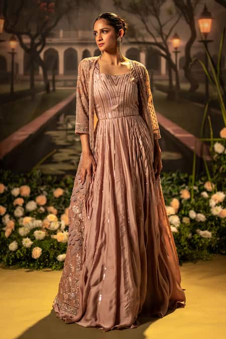 Bandhani_Pink , Silk Beads, Sequins Floral Embroidered Gown And Jacket Set _Online_at_Aza_Fashions