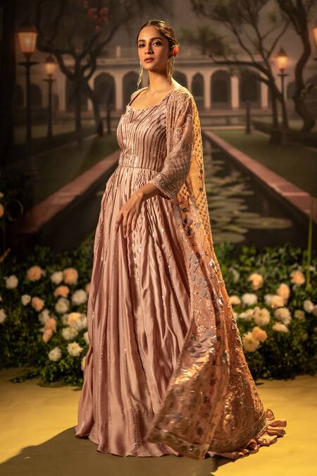 Buy_Bandhani_Pink , Silk Beads, Sequins Floral Embroidered Gown And Jacket Set _Online_at_Aza_Fashions