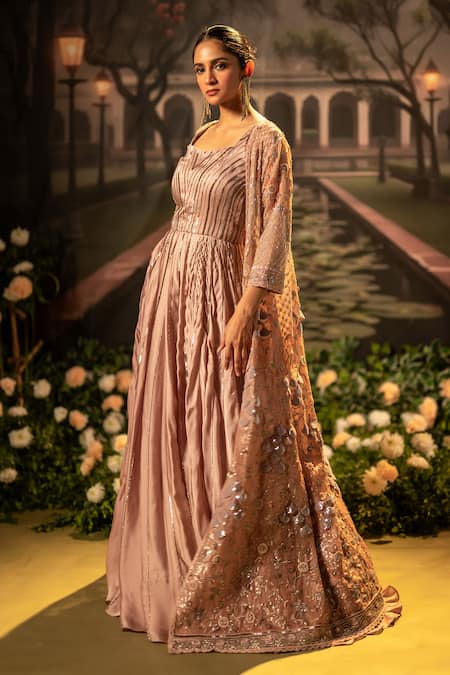 Shop_Bandhani_Pink , Silk Beads, Sequins Floral Embroidered Gown And Jacket Set _Online_at_Aza_Fashions