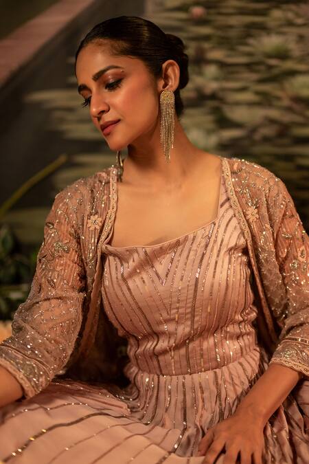 Bandhani_Pink , Silk Beads, Sequins Floral Embroidered Gown And Jacket Set _at_Aza_Fashions
