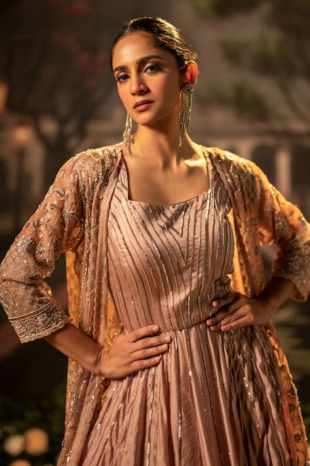 Buy_Bandhani_Pink , Silk Beads, Sequins Floral Embroidered Gown And Jacket Set 