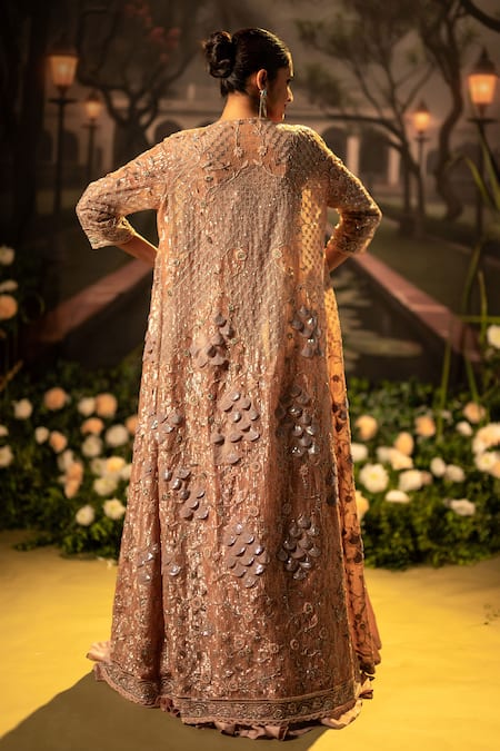 Shop_Bandhani_Pink , Silk Beads, Sequins Floral Embroidered Gown And Jacket Set _at_Aza_Fashions