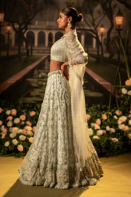 Bandhani_Blue Tulle Sequins, Beads Asymmetric Floral Jaal Embroidered Lehenga Set _Online_at_Aza_Fashions