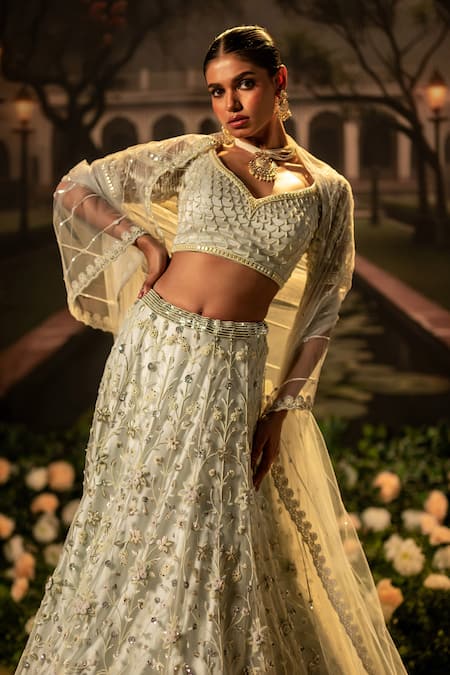 Shop_Bandhani_Blue Tulle Sequins, Beads Asymmetric Floral Jaal Embroidered Lehenga Set _Online_at_Aza_Fashions