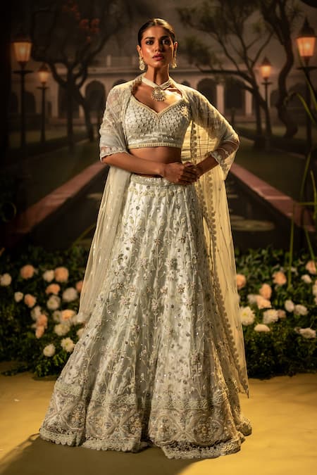 Bandhani_Blue Tulle Sequins, Beads Asymmetric Floral Jaal Embroidered Lehenga Set _at_Aza_Fashions