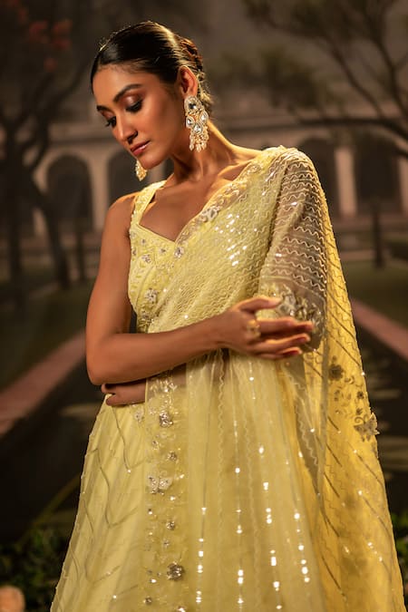 Buy_Bandhani_Yellow Organza Beads, Sequins Asymmetric Floral Embroidered Lehenga Set _Online_at_Aza_Fashions