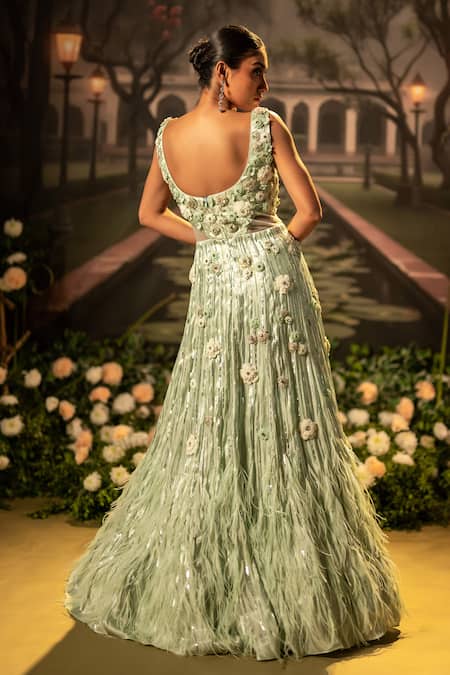 Bandhani Mint Green Floral Embroidered Gown 