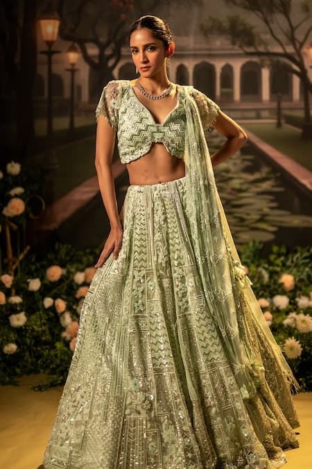 Bandhani_Green Tulle Beads, Sequins Asymmetric Floral Embroidered Lehenga Set _Online_at_Aza_Fashions
