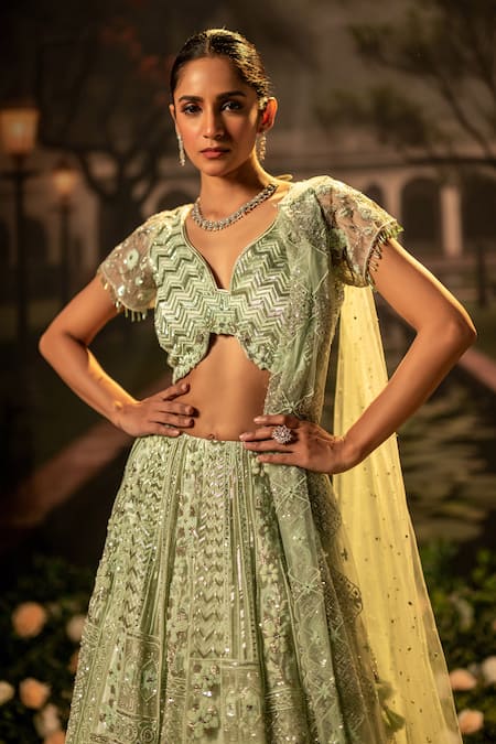 Buy_Bandhani_Green Tulle Beads, Sequins Asymmetric Floral Embroidered Lehenga Set _Online_at_Aza_Fashions