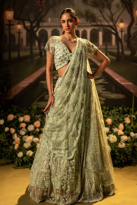 Shop_Bandhani_Green Tulle Beads, Sequins Asymmetric Floral Embroidered Lehenga Set _Online_at_Aza_Fashions