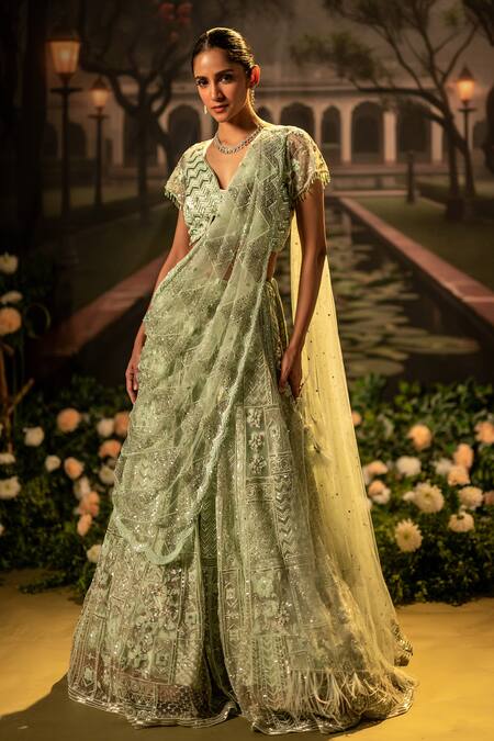 Bandhani_Green Tulle Beads, Sequins Asymmetric Floral Embroidered Lehenga Set _at_Aza_Fashions