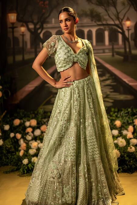 Buy_Bandhani_Green Tulle Beads, Sequins Asymmetric Floral Embroidered Lehenga Set 