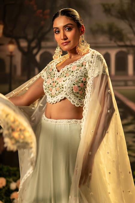 Bandhani Floral Embroidered Mint Lehenga Set 