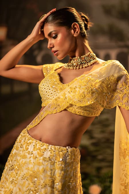 Bandhani_Yellow Organza Beads, Sequins Sweetheart Floral Embroidered Mustard Lehenga Set _Online_at_Aza_Fashions