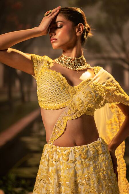 Buy_Bandhani_Yellow Organza Beads, Sequins Sweetheart Floral Embroidered Mustard Lehenga Set _Online_at_Aza_Fashions