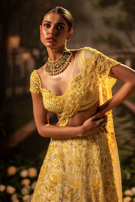 Bandhani_Yellow Organza Beads, Sequins Sweetheart Floral Embroidered Mustard Lehenga Set _at_Aza_Fashions