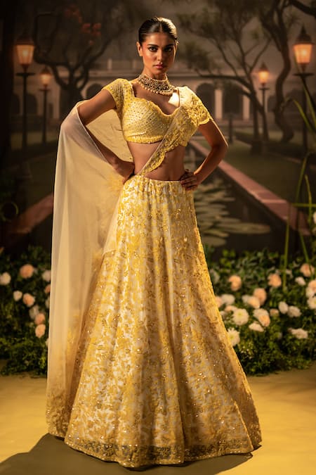Buy_Bandhani_Yellow Organza Beads, Sequins Sweetheart Floral Embroidered Mustard Lehenga Set 