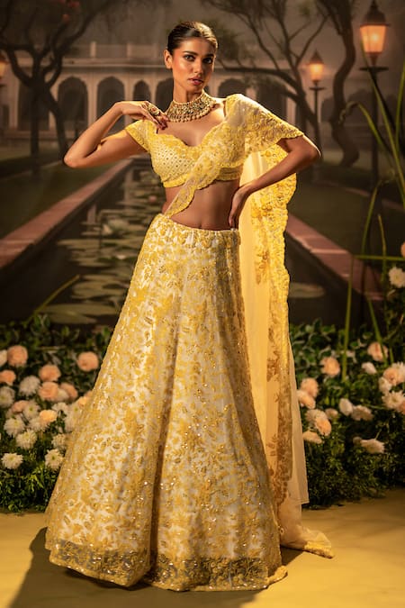 Bandhani Floral Embroidered Mustard Lehenga Set 