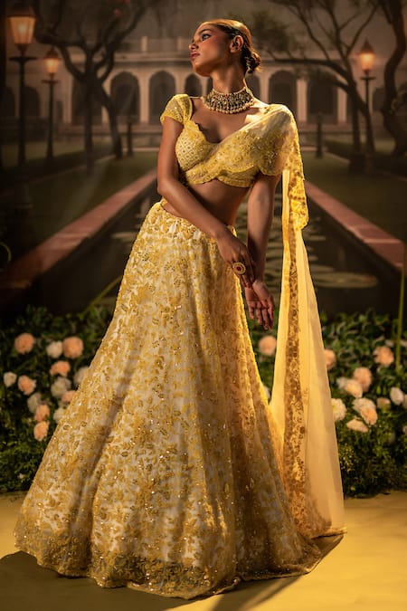 Shop_Bandhani_Yellow Organza Beads, Sequins Sweetheart Floral Embroidered Mustard Lehenga Set 