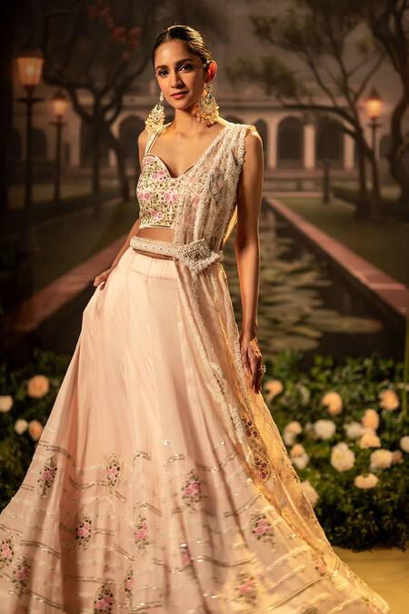 Buy_Bandhani_Pink Silk Organza Pearls, Embroidery Sweetheart Neck Floral Lehenga Set _Online_at_Aza_Fashions