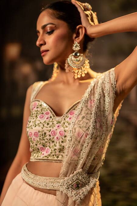 Shop_Bandhani_Pink Silk Organza Pearls, Embroidery Sweetheart Neck Floral Lehenga Set _Online_at_Aza_Fashions