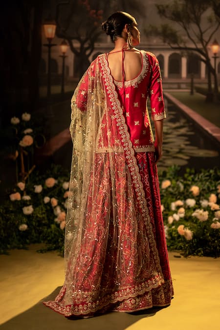 Shop_Bandhani_Red Silk Beads, Gota Patti, Lace V-neck Patola Embroidered Lehenga Kurta Set _at_Aza_Fashions