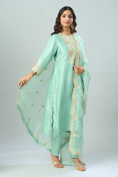 Buy_Prisho_Blue Cotton Embroidery, Pearls, Beads Round Neck Straight Kurta Set _Online_at_Aza_Fashions