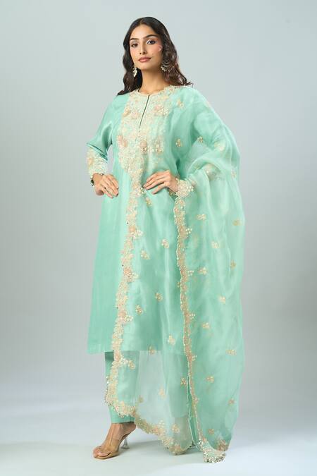 Shop_Prisho_Blue Cotton Embroidery, Pearls, Beads Round Neck Straight Kurta Set _Online_at_Aza_Fashions