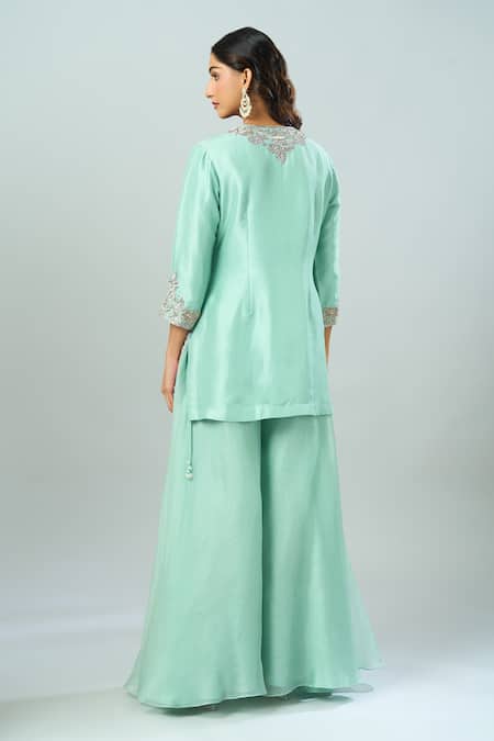 Shop Prisho Aqua Chiffon Embroidery Round Neck Paisley Kurta Sharara Set at Aza Fashions Shop_Prisho_Aqua Chiffon Embroidery Round Neck Paisley Kurta Sharara Set _at_Aza_Fashions