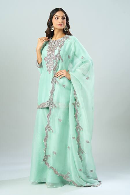 Prisho Aqua Chiffon Embroidery Round Neck Paisley Kurta Sharara Set Online at Aza Fashions Prisho_Aqua Chiffon Embroidery Round Neck Paisley Kurta Sharara Set _Online_at_Aza_Fashions