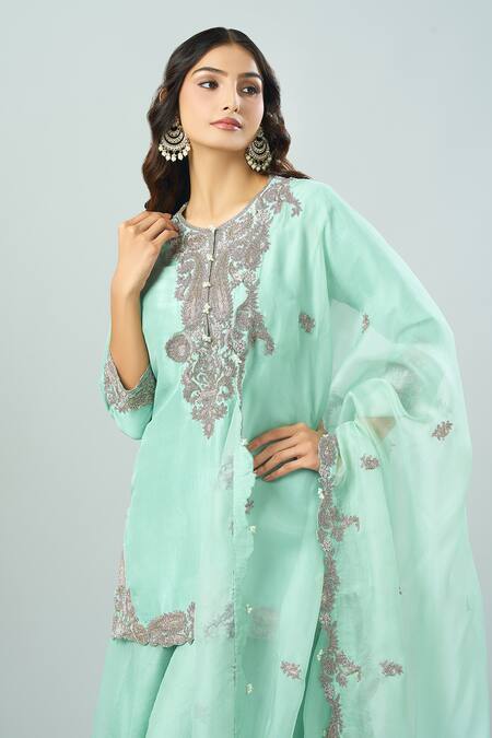 Shop Prisho Aqua Chiffon Embroidery Round Neck Paisley Kurta Sharara Set Online at Aza Fashions Shop_Prisho_Aqua Chiffon Embroidery Round Neck Paisley Kurta Sharara Set _Online_at_Aza_Fashions