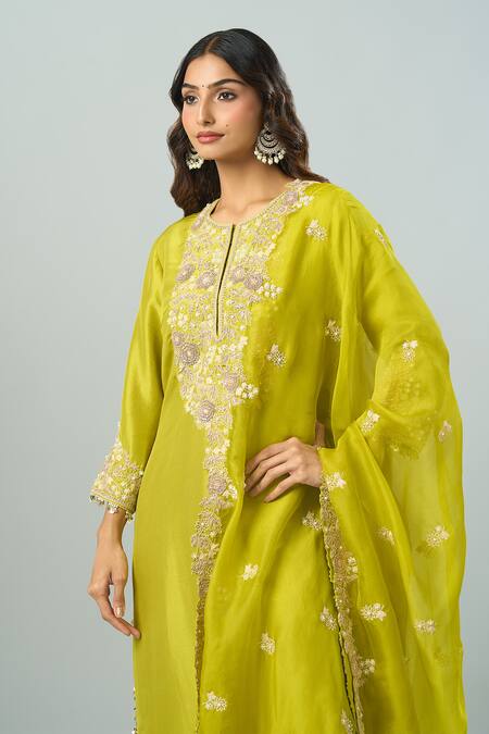 Prisho Green Embroidery Round Neck Resham Kurta Set at Aza Fashions Prisho_Green Embroidery Round Neck Resham Kurta Set _at_Aza_Fashions
