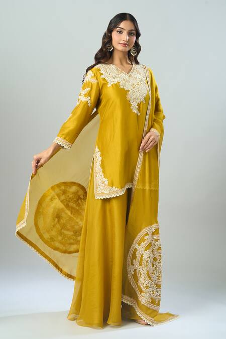 Shop_Prisho_Yellow Cotton, Chiffon Pearls, Botanical Embroidered Kurta Set With Dupatta _Online_at_Aza_Fashions