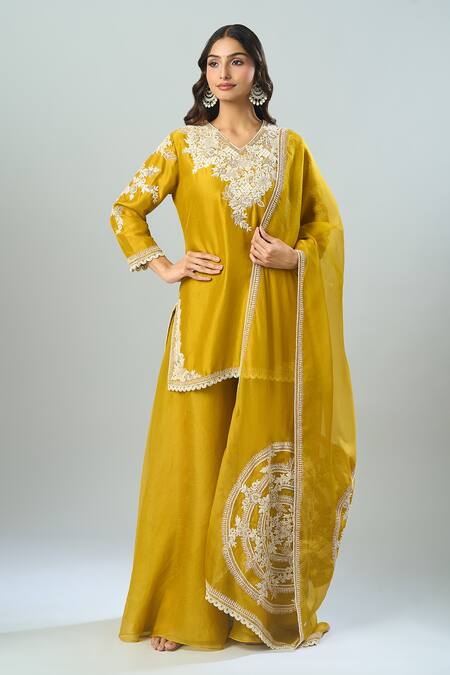 Prisho_Yellow Cotton, Chiffon Pearls, Botanical Embroidered Kurta Set With Dupatta _at_Aza_Fashions