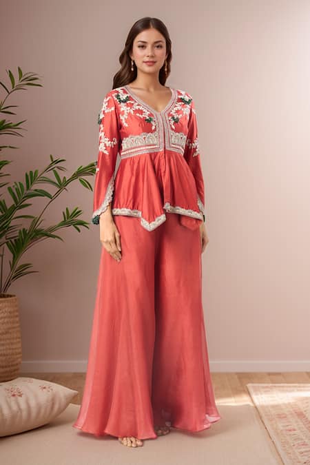 Prisho Floral Vine Embroidered Peplum Tunic & Sharara 