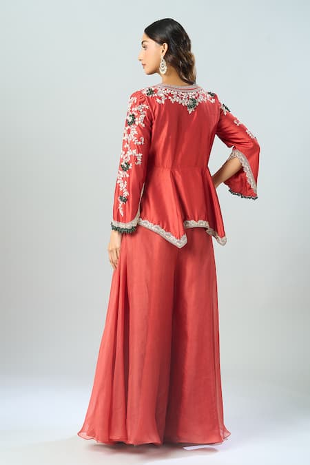Shop Prisho Red Chiffon Lace, Embroidery V-neck Floral Vine Peplum Tunic And Sharara at Aza Fashions Shop_Prisho_Red Chiffon Lace, Embroidery V-neck Floral Vine Peplum Tunic And Sharara _at_Aza_Fashions