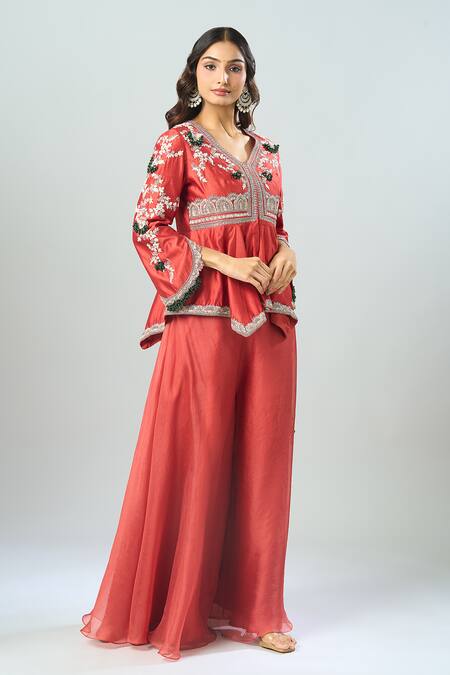 Buy Prisho Red Chiffon Lace, Embroidery V-neck Floral Vine Peplum Tunic And Sharara Online at Aza Fashions Buy_Prisho_Red Chiffon Lace, Embroidery V-neck Floral Vine Peplum Tunic And Sharara _Online_at_Aza_Fashions
